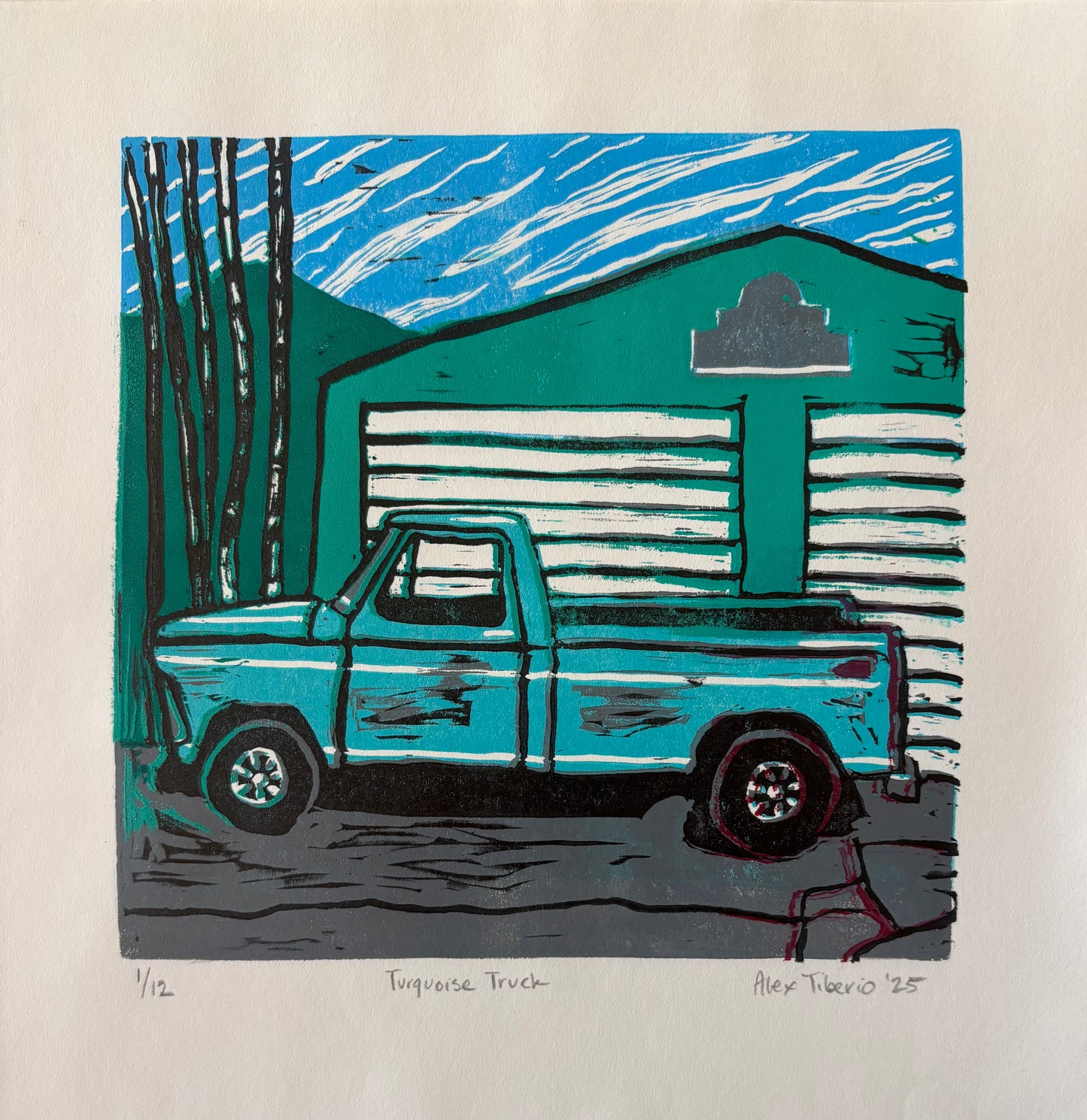 Turquoise Truck (Linoleum Block Print)