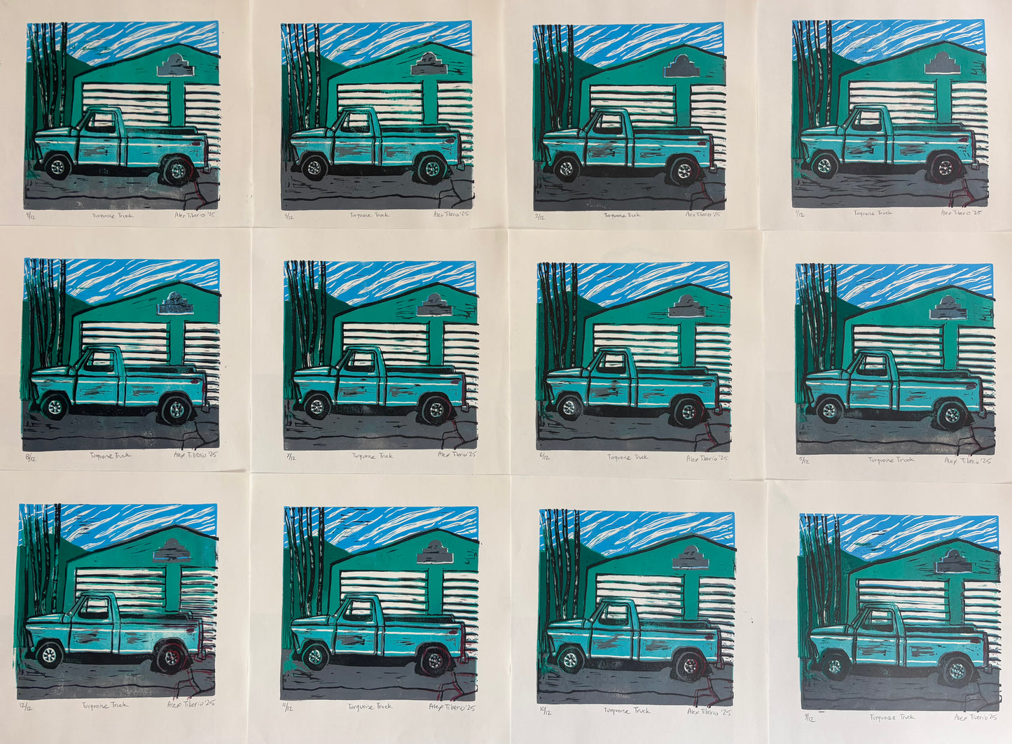 Turquoise Truck (Linoleum Block Print)