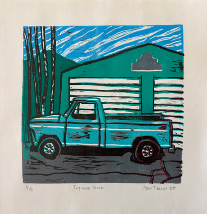 Turquoise Truck (Linoleum Block Print)