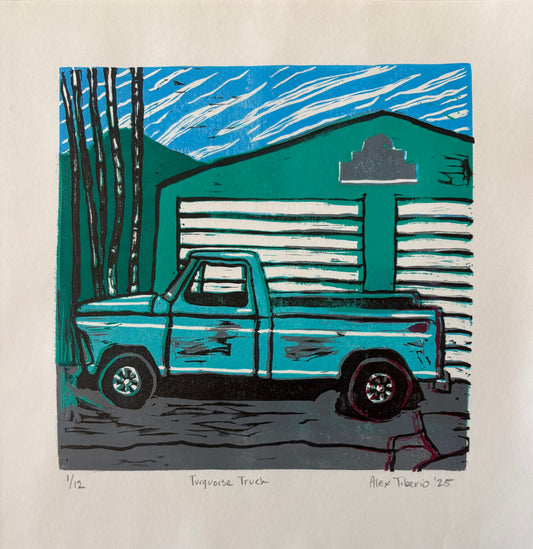 Turquoise Truck (Linoleum Block Print)
